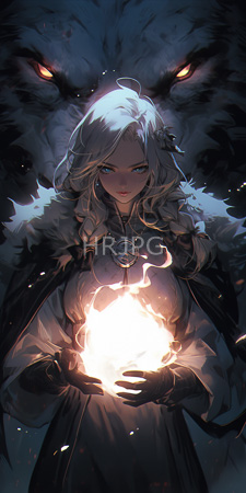 High Resolution: Ethereal blonde-haired woman blue eyes holding glowing fire in her hands dark gloves fur-trimmed cloak shadowy background menacing wolf-like creature download. | HRJPG.com