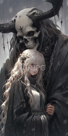 High Resolution: Ethereal pale-skinned woman long white hair black ribbon dark robes standing before towering skeletal figure horns star tattoos download. | HRJPG.com
