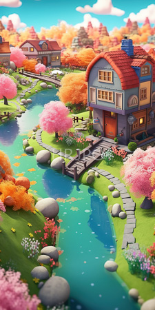 High Resolution: Enchanting colorful village scene whimsical pastel-colored houses red blue roofs winding riverside paths pink cherry blossoms orange trees download. | HRJPG.com