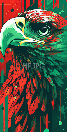 High Resolution: Eagle's head vibrant red green feathers detailed feather textures intense yellow eyes looking forward geometric patterns download. | HRJPG.com