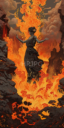 High Resolution: Ethereal dark-skinned woman curly hair standing amidst fiery flames envelop her vibrant orange yellow hues flowing black drapery download. | HRJPG.com