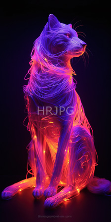 High Resolution: Illuminated neon-lit cat sculpture black background translucent figure composed entirely from glowing pink purple fibers intricate patterns download. | HRJPG.com