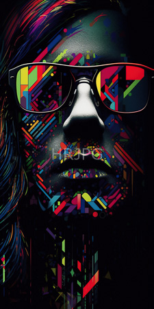 High Resolution: Abstract dark-skinned face vibrant geometric patterns reds blues greens on skin and glasses black background enhances contrast download. | HRJPG.com