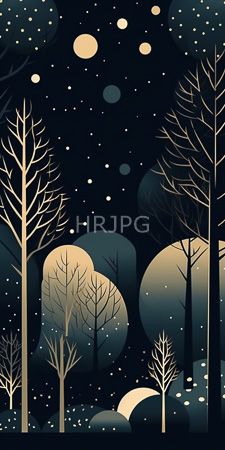 High Resolution: Abstract nocturnal forest scene tall leafless trees thin branches beige dark silhouettes black night sky yellowish circles download. | HRJPG.com