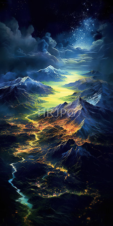 High Resolution: Ethereal mountainous landscape at night glowing city lights winding rivers illuminated valleys snow-capped peaks starry skies download. | HRJPG.com