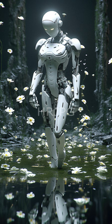 High Resolution: Elegant white humanoid robot sleek armor plating glowing yellow eyes standing serene forest clearing blooming daisies reflective water surface download. | HRJPG.com