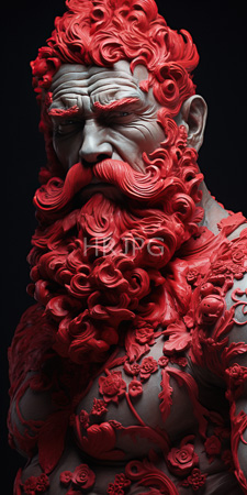 High Resolution: Intricately carved hyper-realistic statue elderly man exaggerated features voluminous red curly hair beard resembling waves petals download. | HRJPG.com