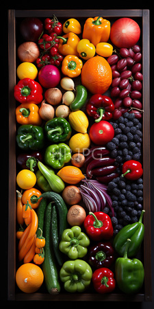 High Resolution: Arrayed wooden box filled with vibrant assorted fresh vegetables fruits bell peppers tomatoes cucumbers oranges garlic bulbs download. | HRJPG.com