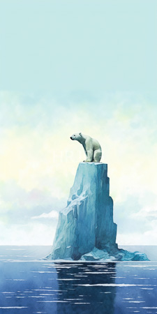 High Resolution: Isolated polar bear standing on top of small jagged iceberg calm ocean waters pale blue sky soft clouds download. | HRJPG.com