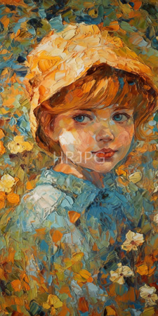High Resolution: Impressionist-style painting young girl fair skin bright blue eyes yellow bonnet short red-brown hair rosy cheeks download. | HRJPG.com