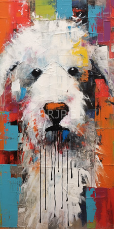 High Resolution: Abstract painting anthropomorphic white dog black nose dripping paint from mouth vibrant multicolored background textured brushstrokes download. | HRJPG.com