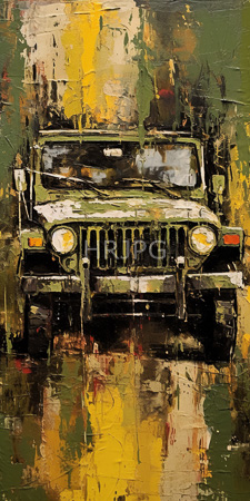 High Resolution: Abstract textured painting off-road vehicle green yellow hues rough brushstrokes front view headlights reflecting onto wet ground download. | HRJPG.com