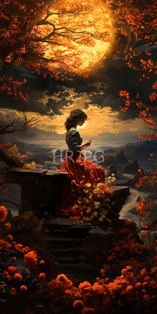 High Resolution: Ethereal woman curly brown hair blue red attire sitting on stone steps vibrant orange flowers glowing full moon download. | HRJPG.com