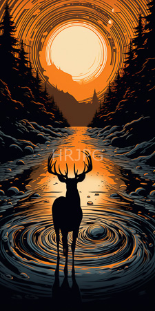 High Resolution: Antlered deer standing in ripples on reflective river silhouetted against vibrant orange yellow sunset concentric circles surrounding it download. | HRJPG.com
