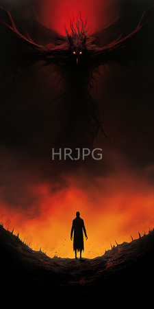 High Resolution: Ominous scene dark fiery hues silhouetted figure person in long coat standing rocky hilltop sunset's edge facing towering shadowy creature download. | HRJPG.com