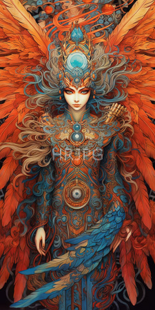 High Resolution: Ethereal winged female figure intricate blue orange feather-like patterns on her wings and attire long wavy hair ornate headgear download. | HRJPG.com