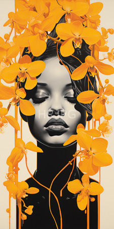 High Resolution: African-American woman closed eyes black white face contrasted by vibrant orange orchids cascading around her head dark clothing download. | HRJPG.com