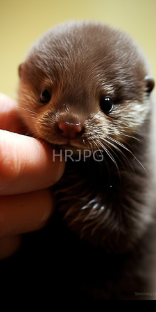 High Resolution: Adorable small brown otter pup large black eyes tiny pink nose being gently held by human fingers soft focus download. | HRJPG.com