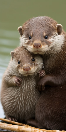 High Resolution: Two brown wet otters white facial markings sitting closely together wooden branches calm water arm around smaller sibling's shoulder download. | HRJPG.com
