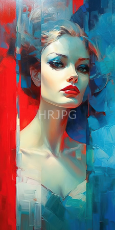 High Resolution: Elegant woman fair skin blue eyes dark eyeliner red lipstick vibrant background blonde hair abstract brushstrokes blending bright colors download. | HRJPG.com