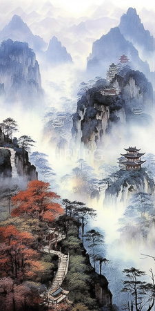 High Resolution: Intricate traditional Chinese watercolor painting misty mountain landscapes jagged peaks lush greenery red-leafed trees winding stone pathways download. | HRJPG.com