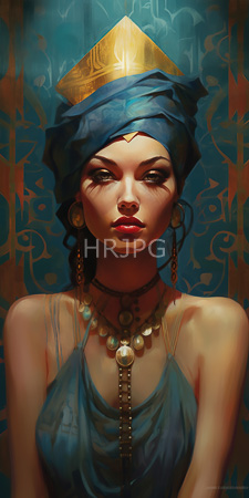 High Resolution: Ethereal dark-skinned woman striking features piercing eyes wearing ancient Egyptian-inspired attire blue draped headwear gold geometric patterns download. | HRJPG.com