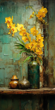 High Resolution: Oil painting vibrant yellow orchids full bloom green leaves stems tall blue-green ceramic vase wooden shelf textured teal background download. | HRJPG.com