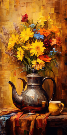 High Resolution: Impressionist-style vibrant bouquet yellow red blue flowers metallic teapot handles orange cup atop wooden table colorful cloth download. | HRJPG.com