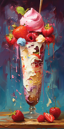 High Resolution: Vibrant dessert overflowing glass pink whipped cream layers strawberries blue macaron-like balls chocolate pieces colorful sprinkles download. | HRJPG.com