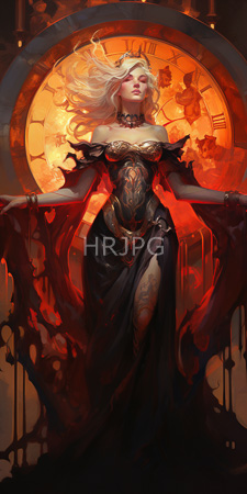 High Resolution: Ethereal blonde woman flowing hair red lipstick glowing clock face warm orange hues ornate black-and-gold armor-like dress download. | HRJPG.com