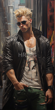 High Resolution: Attractive muscular man blonde spiky hair sunglasses standing city alleyway night dark aviator glasses black leather jacket ripped white tank top download. | HRJPG.com