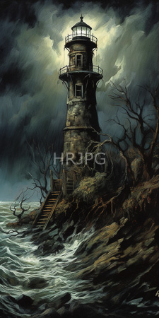 High Resolution: Dark atmospheric oil painting old stone lighthouse standing on rocky cliffs stormy weather turbulent waves twisted trees stairs lead up download. | HRJPG.com
