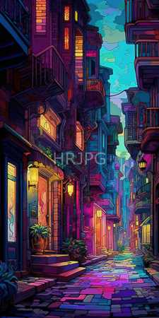 High Resolution: Vibrant illustration narrow alleyway dusk colorful urban setting anime style artistry cobblestone path glows neon hues download. | HRJPG.com