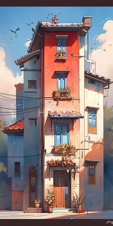 High Resolution: Old three-story Mediterranean-style building red beige walls blue-framed windows potted plants on balconies small cat sits atop roof download. | HRJPG.com