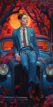 High Resolution: Attractive young Caucasian man short brown hair fair skin sitting on top of vintage blue car autumn forest at sunset download. | HRJPG.com