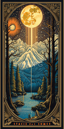 High Resolution: Intricately detailed vintage-style illustration "Stacie Paff Space" snow-capped mountains large full moon starry night sky rays of light forested lake download. | HRJPG.com