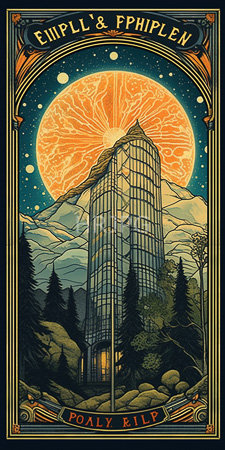 High Resolution: Illustrated vintage-style poster "Cupill's & Philipen" tall glass skyscraper illuminated windows set against snow-capped mountains evergreen trees large orange sun download. | HRJPG.com
