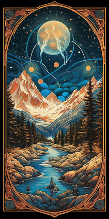 High Resolution: Intricately detailed illustration vibrant colors surreal mountain landscape at night snow-capped peaks dense pine trees reflective river starry sky download. | HRJPG.com