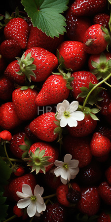 High Resolution: Vibrant glossy red strawberries small white seeds green leafy tops interspersed among them delicate white flowers download. | HRJPG.com