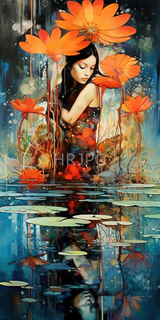High Resolution: Vibrant surreal painting Asian woman long black hair closed eyes standing in water large orange lotus flowers reflected download. | HRJPG.com