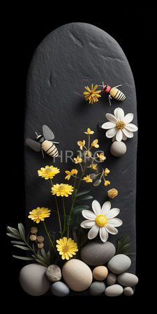 High Resolution: Artistic arrangement dark slate background white daisies yellow wildflowers green stems leaves small bees hovering above flowers download. | HRJPG.com