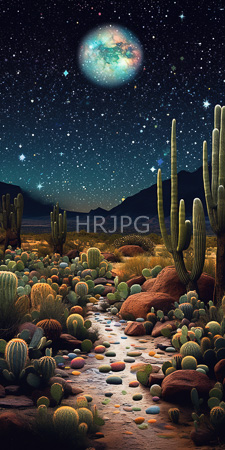 High Resolution: Otherworldly desert landscape at night tall cacti various small succulents scattered rocky terrain glowing stones center forming paths download. | HRJPG.com