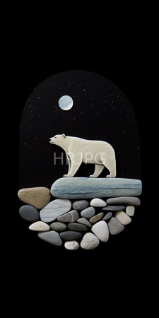 High Resolution: Arctic scene white polar bear standing on smooth multicolored pebbles moonlit night sky filled with tiny stars rounded frame download. | HRJPG.com
