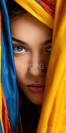 High Resolution: Attractive young woman light brown skin dark eyebrows hazel eyes partially obscured by colorful fabric blue yellow red hues download. | HRJPG.com