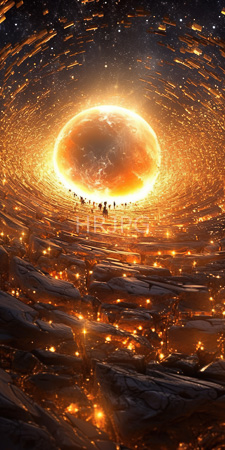 High Resolution: Tiny human figures ascending towards enormous glowing sun in space surrounded by swirling golden sparks rocky terrain below download. | HRJPG.com