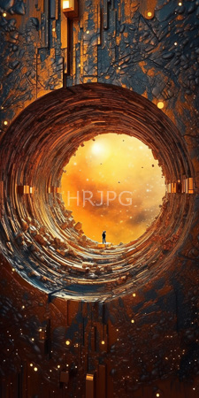 High Resolution: Individual standing at the center of large circular metallic tunnel intricate textures patterns orange-brown silhouetted against glowing yellow-orange sky download. | HRJPG.com