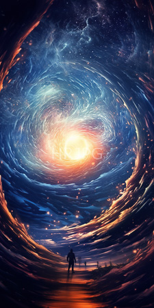 High Resolution: Ethereal swirling galaxy vibrant blue orange hues at its center fiery tendrils surround it cosmic ribbons small silhouetted figure download. | HRJPG.com