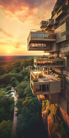 High Resolution: Modern multi-level cliffside houses glass balconies wooden textures at sunset lush green forest below winding path download. | HRJPG.com