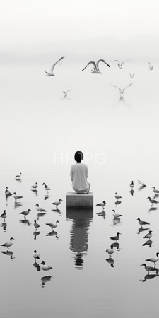 High Resolution: Black-and-white Asian man short black hair white shirt pants sitting on concrete block calm lake ducks swimming around download. | HRJPG.com
