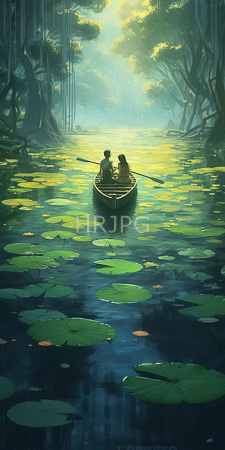 High Resolution: Two people in a wooden canoe paddling through an illuminated forest pond filled with green lily pads tall trees download. | HRJPG.com